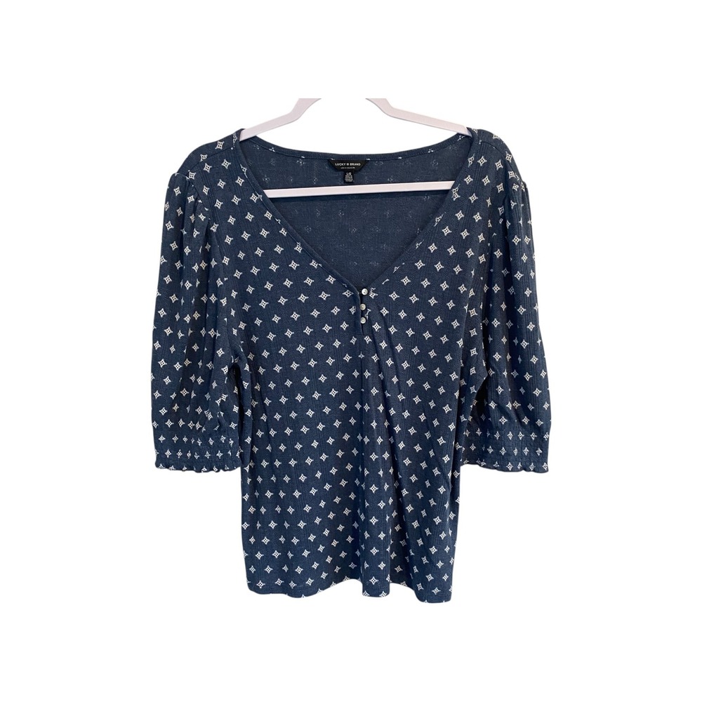 Lucky Brand Womens Top Cardiganโ Button Front 3/4 Sleeve Blue Pattern L